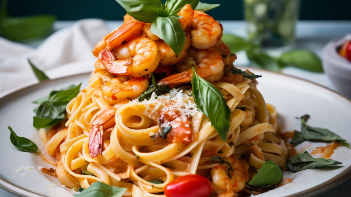 Linguine aux crevettes et pesto